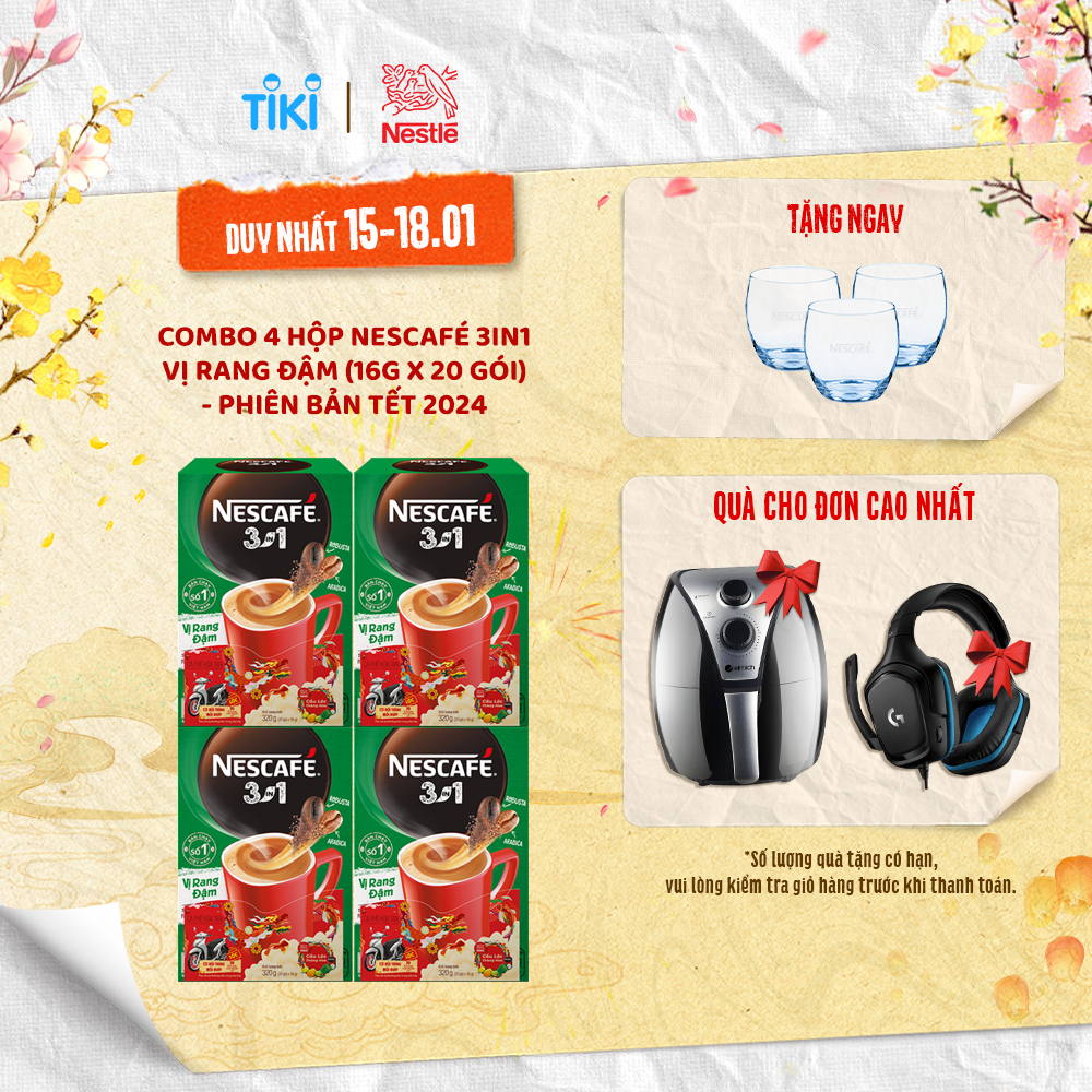 [Tặng Túi vải có dây đeo Nescafé] Combo 4 Hộp Nescafé 3in1 VỊ RANG ĐẬM (16g x 20 gói) - Phiên bản Tết 2024