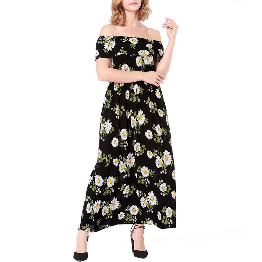 Women's Summer Off Shoulder Strapless Floral Print Maxi Long Dress