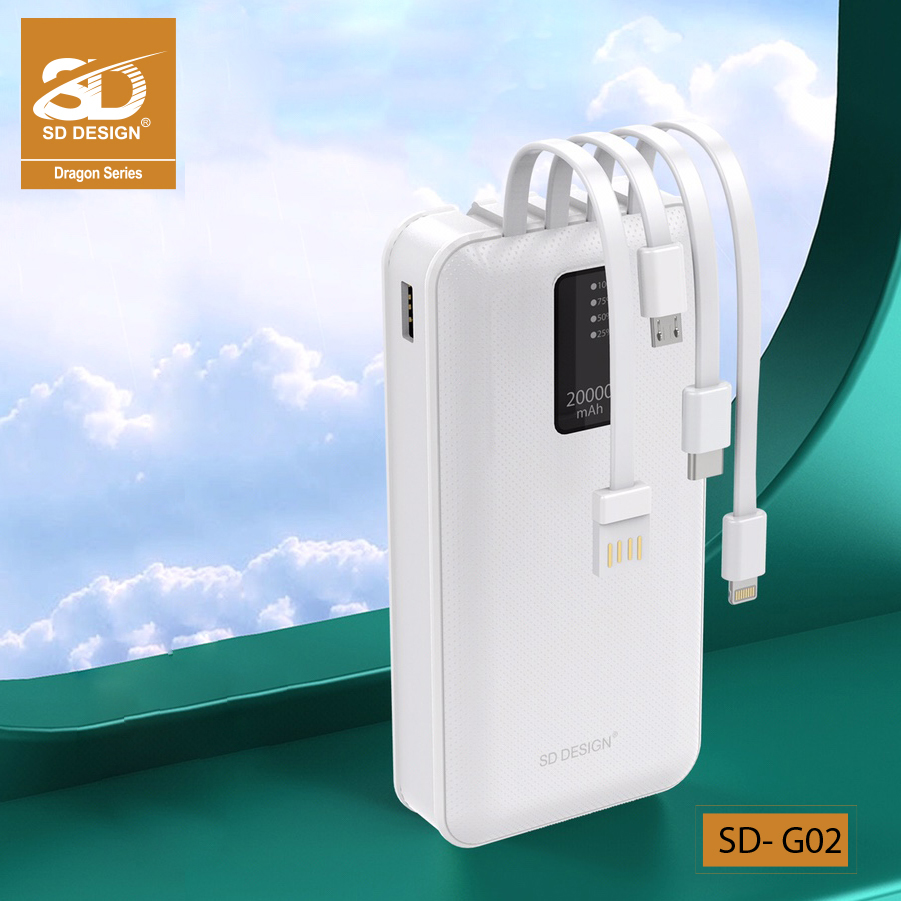 Sạc Dự Phòng đa năng dung lượng 20.000 mAh SD DESIGN G02 Tích Hợp 4 Cáp Sạc Micro, Lingtning, TypeC - Hàng chính hãng