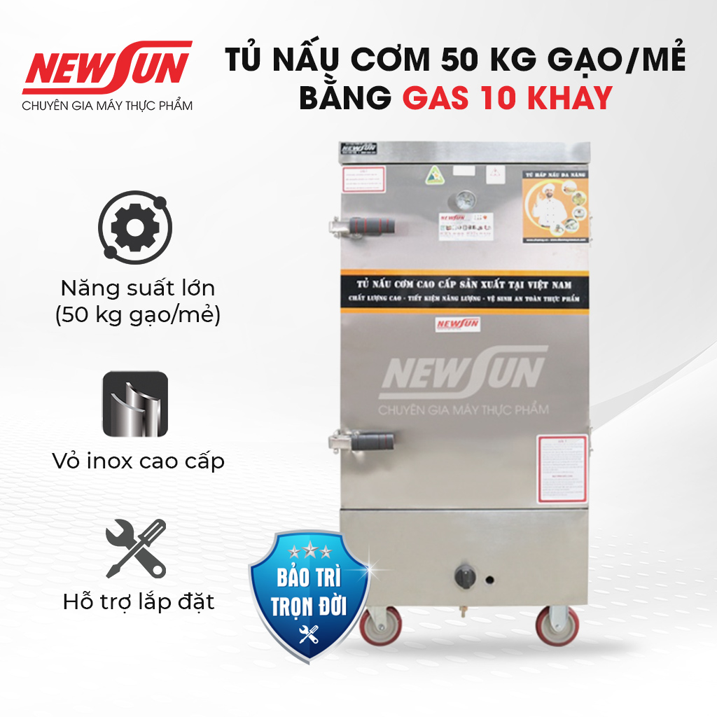 Tủ Nấu Cơm 50 Kg Gạo/ Mẻ Bằng Gas 10 Khay Inox 304 NEWSUN - Hàng Chính Hãng