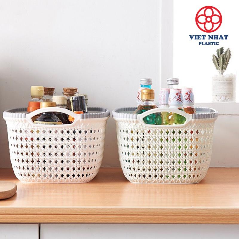 Giỏ nhựa đựng đồ đan hoa có tay cầm 3377 Việt Nhật - TADAHOME