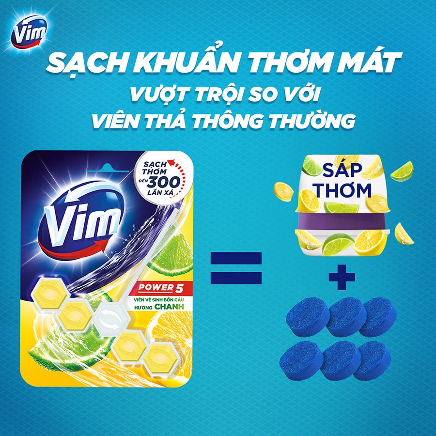 Combo 9 Viên Tẩy Bồn Cầu Vim Power 5 Sạch Khuẩn Thơm Mát (55g/viên) | Hương Chanh