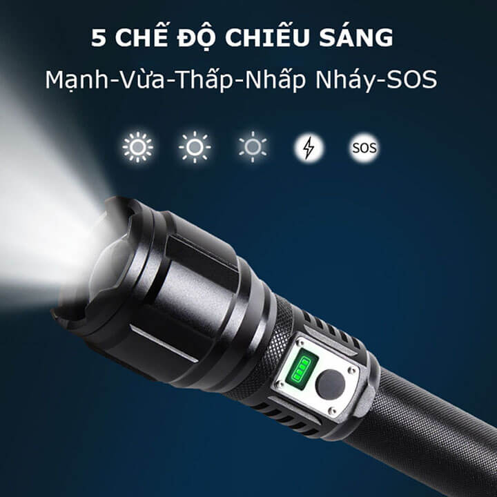 Đèn pin siêu sáng cầm tay XHP360 chiếu xa 500m có Zoom xa gần, pin trâu 16000mAh, chống thấm nước IPX4, 5 chế độ sáng