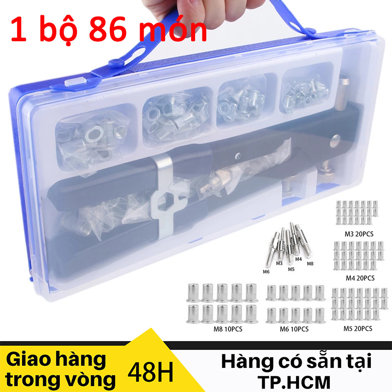 Bộ dụng cụ đa năng rút đinh tán 86 chi tiết, gồm đai ốc, đinh và cờ lê, hổ trợ sửa chữa