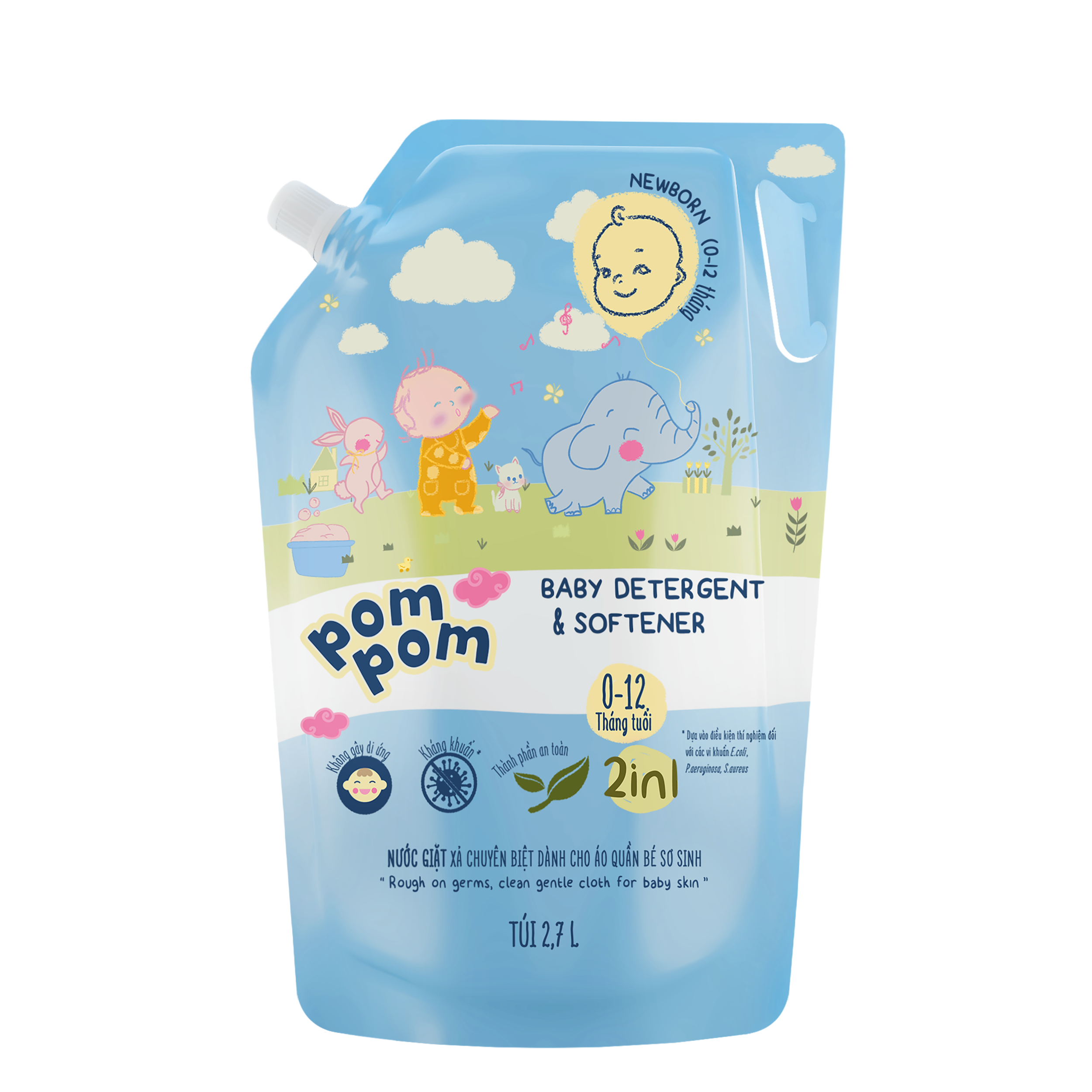 Nước giặt xả Pom Pom hương phấn baby dành cho Bé sơ sinh  (0-12 tháng) - Pom Pom Newborn 2.7L