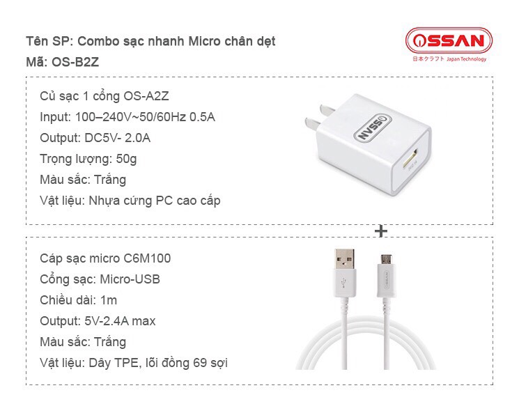 Combo sạc nhanh Micro chân dẹt cùng cáp sạc dài 1m OS-B2Z - Ossan - Hàng chính hãng