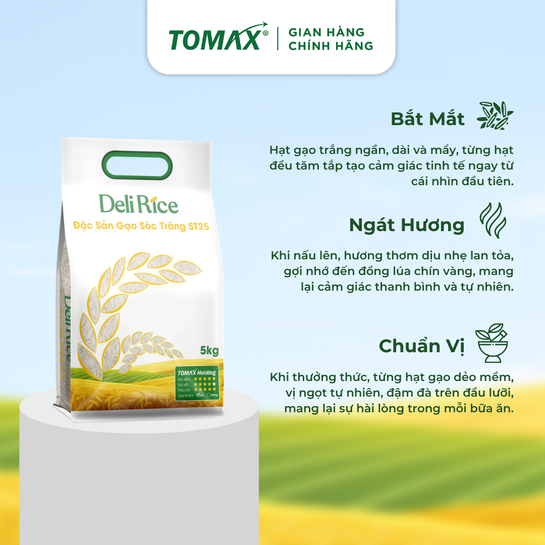 Gạo hữu cơ ST25 Deli Rice thượng hạng, dẻo thơm, ngon nhất thế giới - túi 5kg - TOMAX