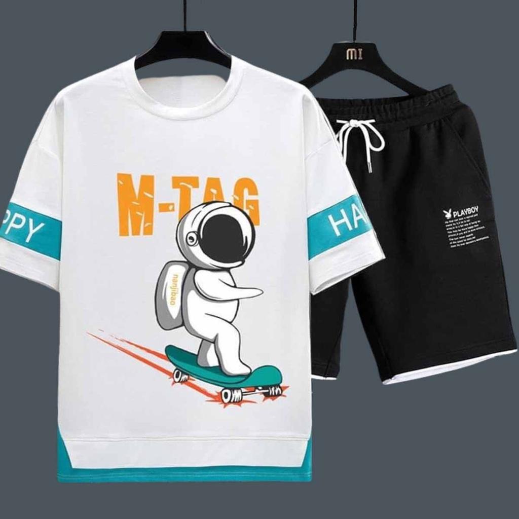 Đồ mặc nhà M-TAG phi hành gia mùa hè Dáng Thể Thao Chất Vải Thun Độ Co Giãn Nhẹ + Bộ Đồ Nam nữ Mang Phong Cách Hàn Quốc