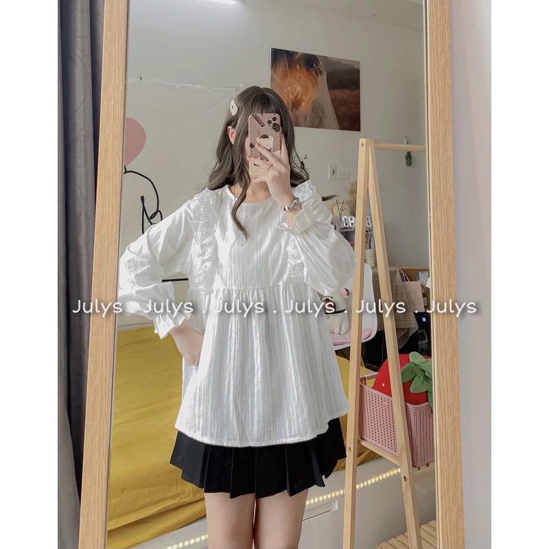 Áo babydoll viền bèo tay bồng sơ mi trắng tiểu thư