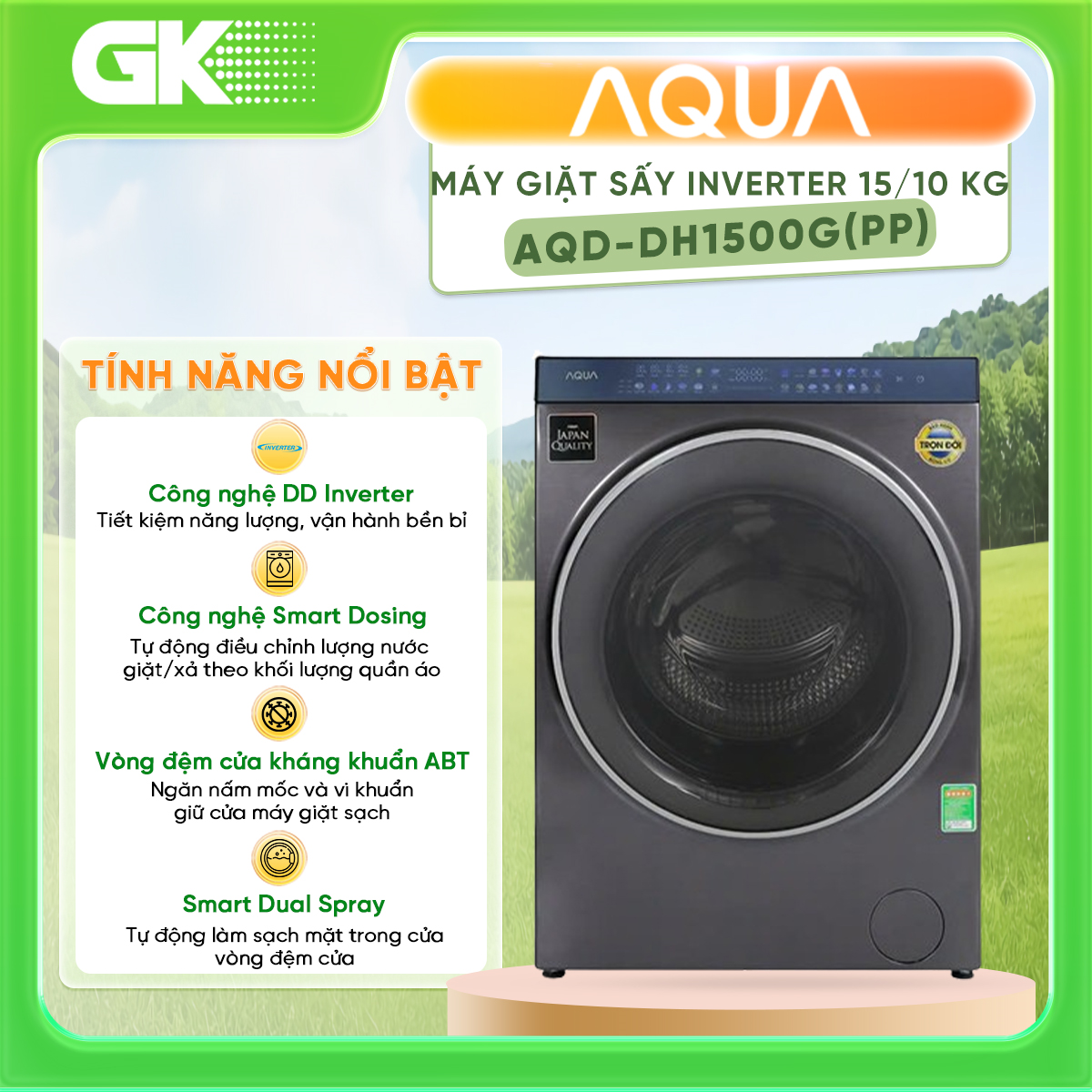 Máy giặt sấy Aqua Inverter 15kg/10kg AQD-DH1500G(PP) - Hàng chính hãng (chỉ giao HCM)