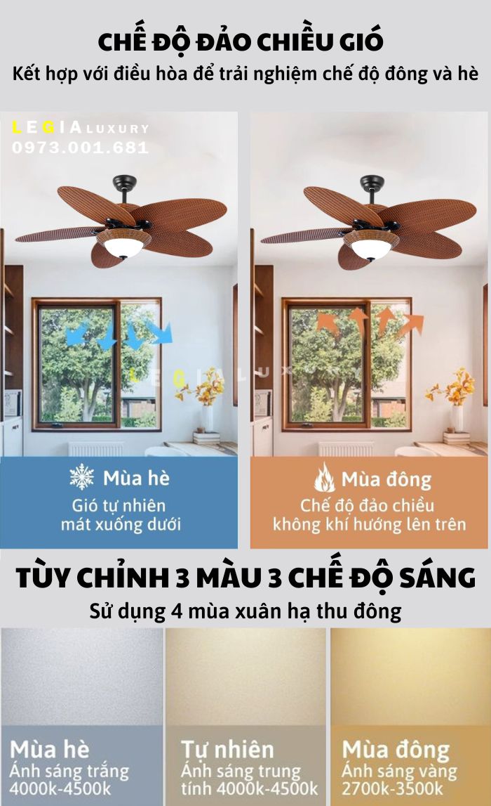 Quạt Trần Phong Cách Indochine Lê Gia LGFAN739 | Quạt Trần Đẹp - Hàng Nhập Khẩu