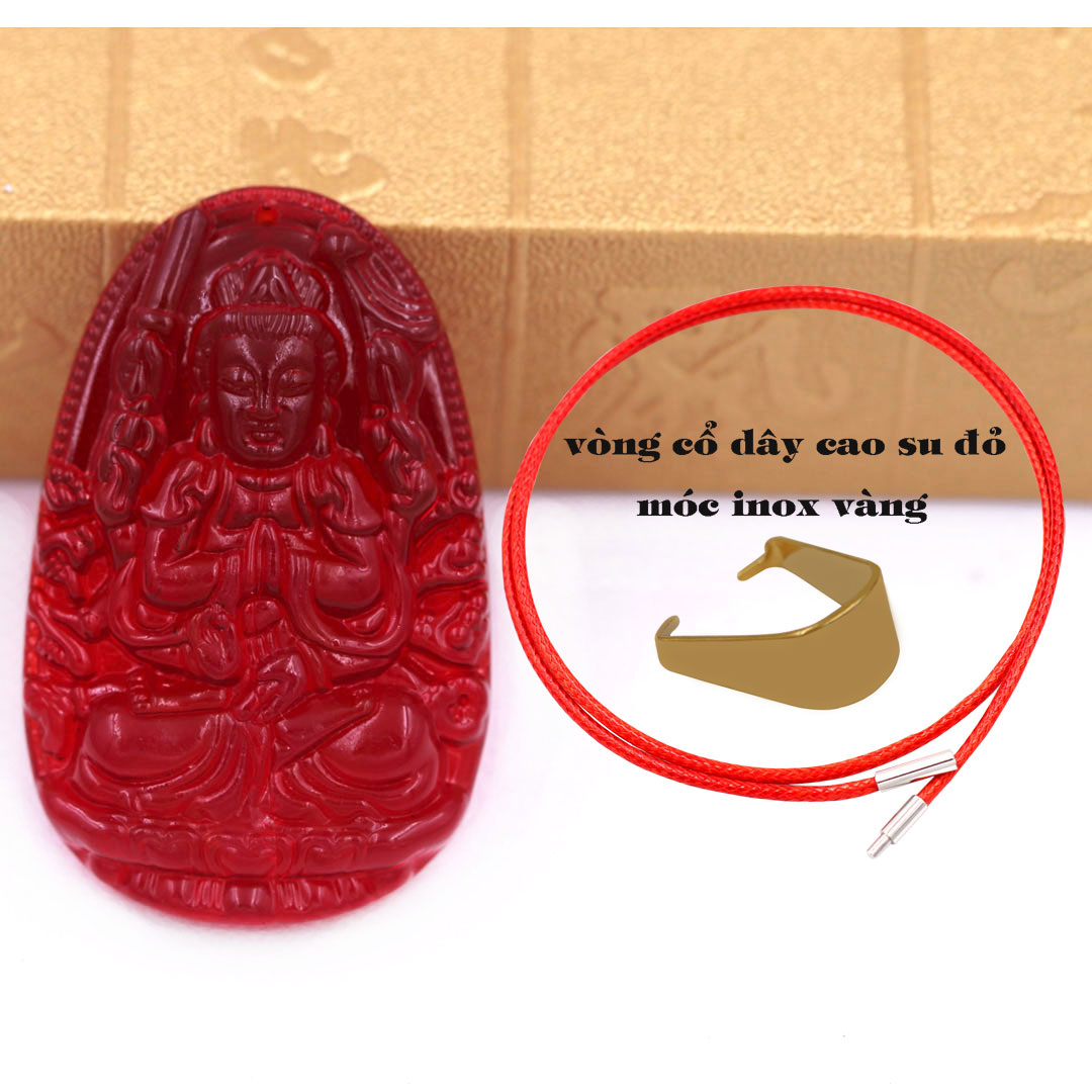 Mặt Phật Thiên thủ thiên nhãn pha lê đỏ 3.6 cm kèm móc và vòng cổ dây cao su đỏ, Mặt Phật bản mệnh, Quan âm nghìn tay nghìn mắt