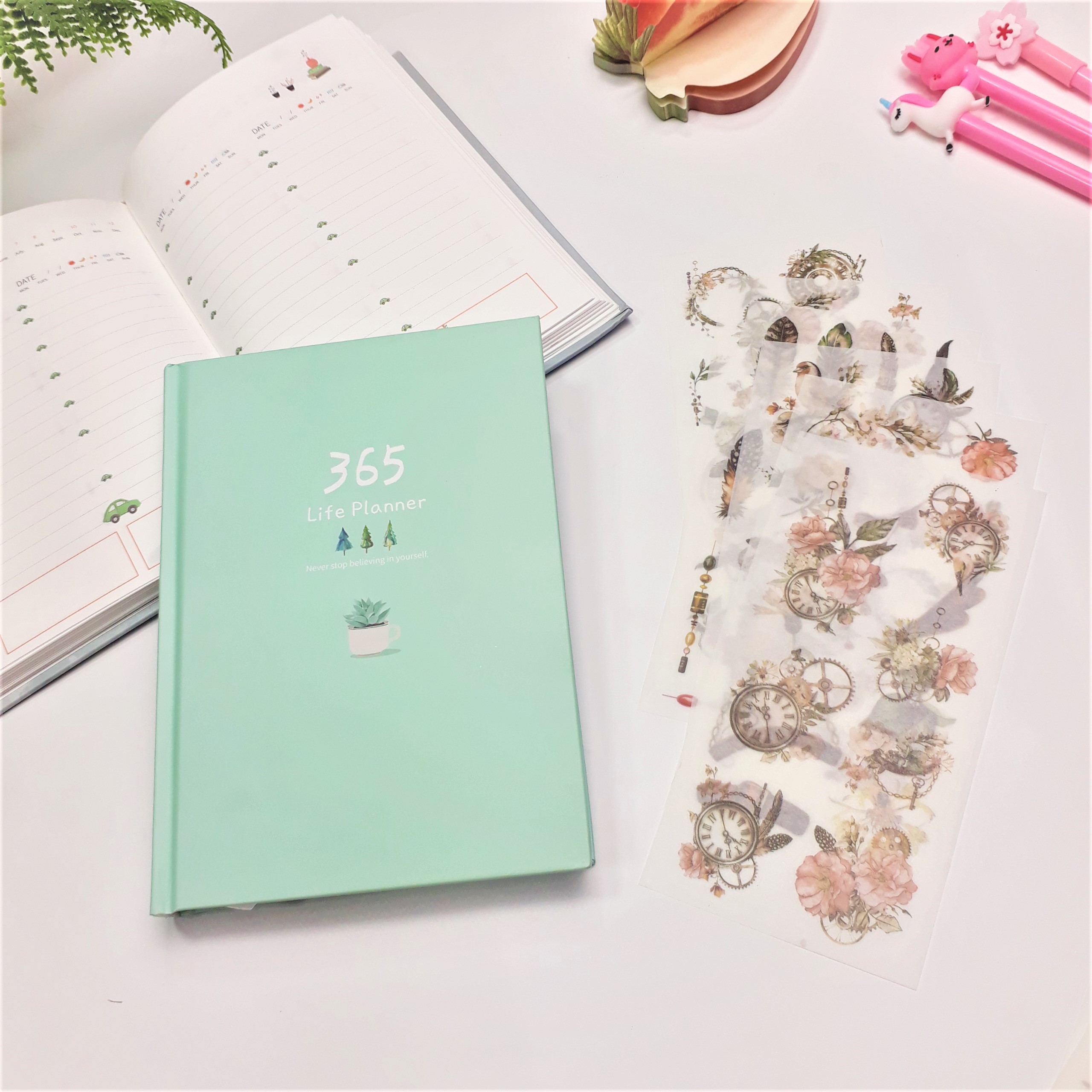 Sổ Kế Hoạch Nhật Ký 365 Ngày Life Planner  Xanh Ngọc Kèm Bộ 6 Tấm Sticker Trang Trí Mẫu Ngẫu Nhiên