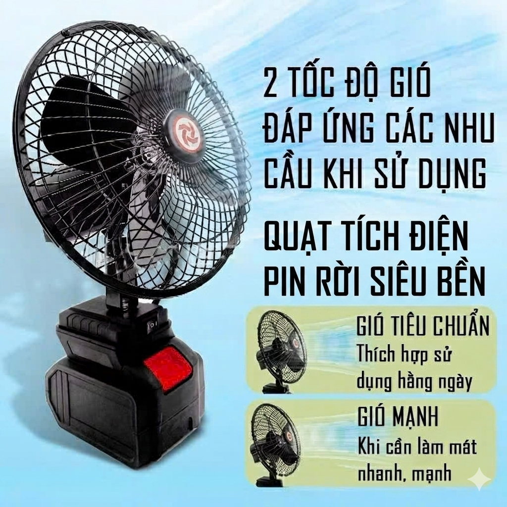 Quạt Tích Điện Siêu Mạnh Pin 10 Cell Lithium – Lõi Đồng Cao Cấp, Gió Mạnh Cực Đã ,Tháo Pin Linh Hoạt