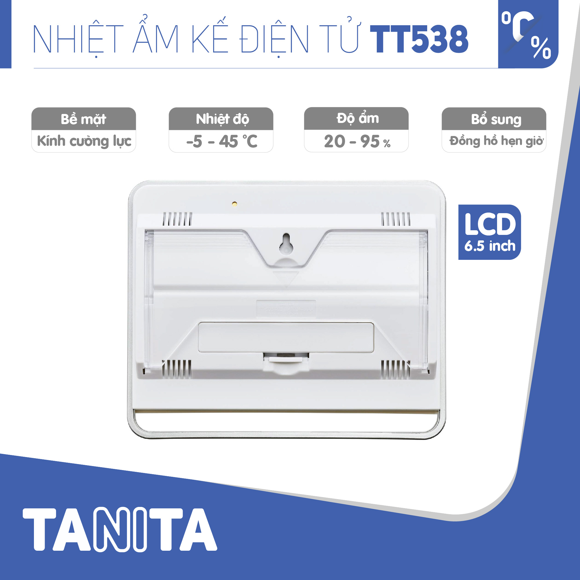 Nhiệt ẩm kế điện tử TANITA TT538 chính hãng nhật bản,thiết bị đo độ ẩm nhiệt độ chính xác,màn hình rõ ràng,hiển thị ngày giờ chuông báo thức,có lỗ treo,để bàn phù hợp trong phòng lạnh, bệnh viện, gia đình có trẻ sơ sinh