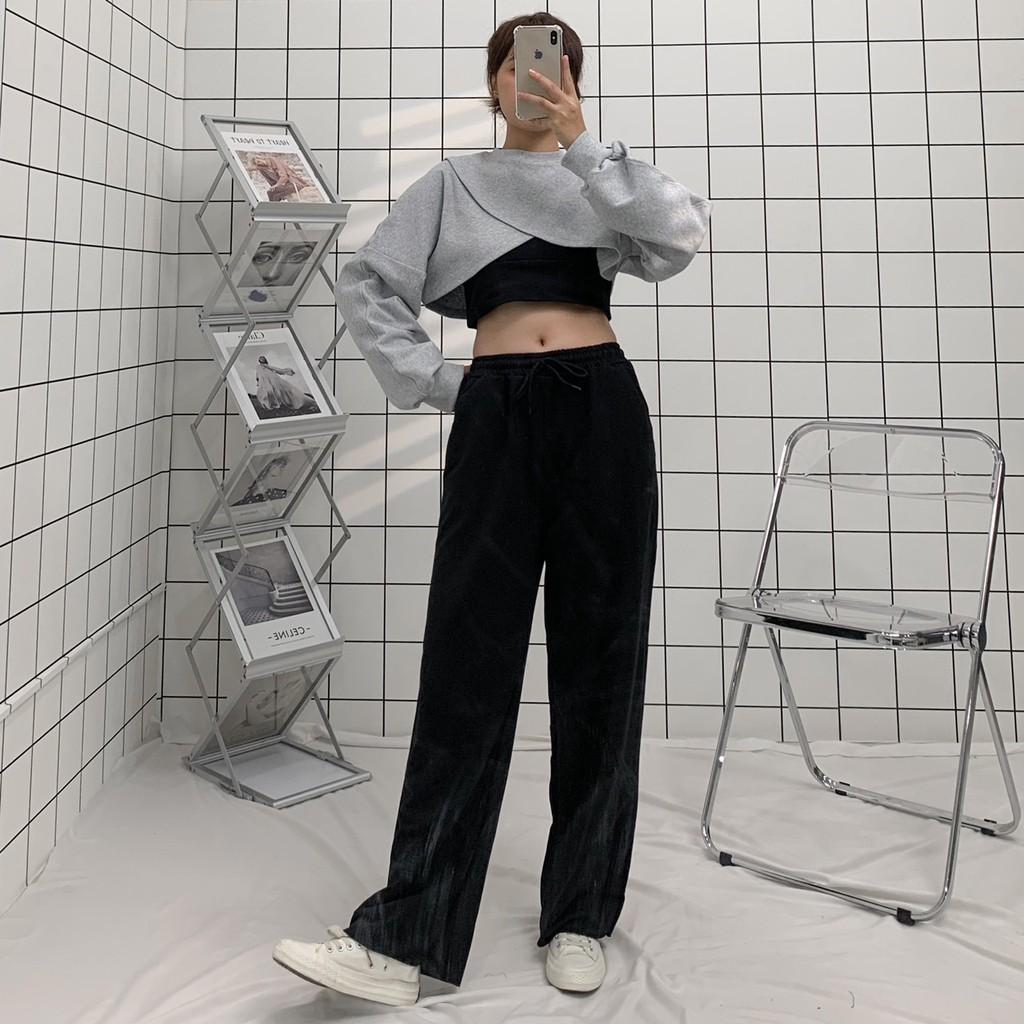 Áo Croptop Dài Tay Dáng Rộng Đắp Chéo Phong Cách Hàn Quốc