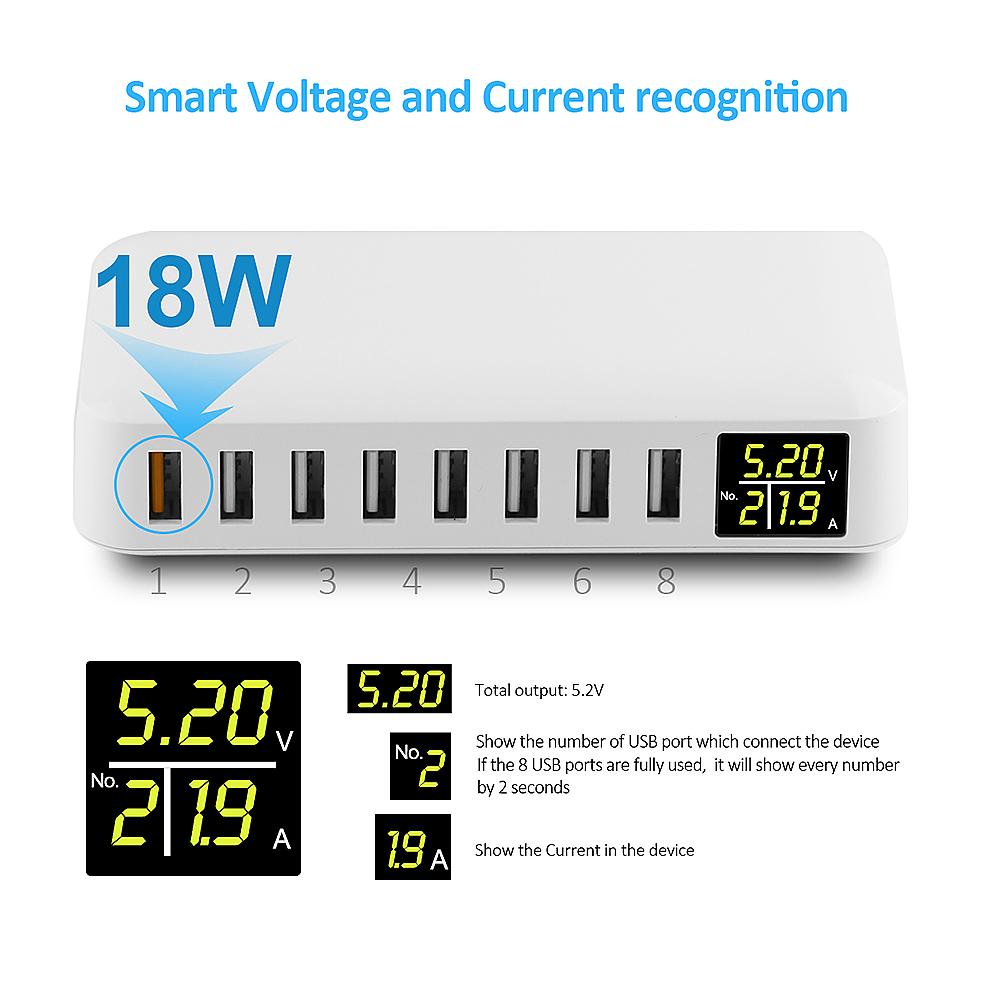 Trạm sạc thông minh USB 8 cổng để bàn 60W 8A với màn hình LED ệ Nhận biết dòng điện và điện áp thông minh