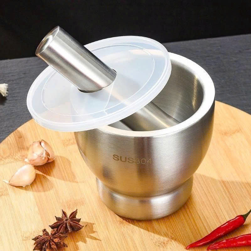 Bộ Chày Cối INox 304 Có Nắp Đậy , Chày Cối Dã Tỏi Ớt Nguyên Khối Cho Gia ĐÌnh Tiện Lợi Dã Nhuyễn Mọi Thực Phẩm Size 10cm