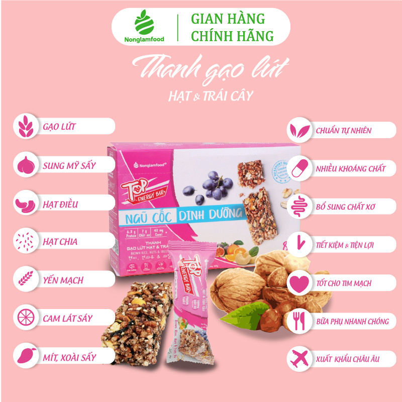 [THUẦN CHAY]Thanh gạo lứt hạt & trái cây Nonglamfood hộp 8 thanh 136g | Chay mặn đều dùng được | Hỗ trợ ăn kiêng giảm cân | Bỏ sung dưỡng chất