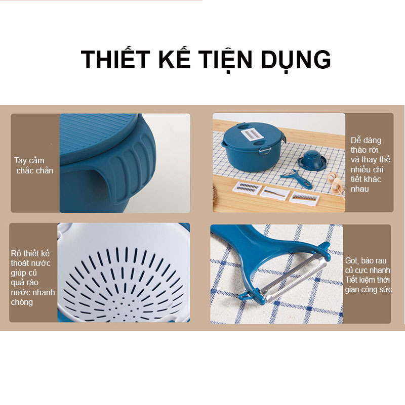 Bộ nạo rau củ quả cao cấp đa năng kèm rổ đựng và chậu 12 chi tiết cực kỳ tiện lợi