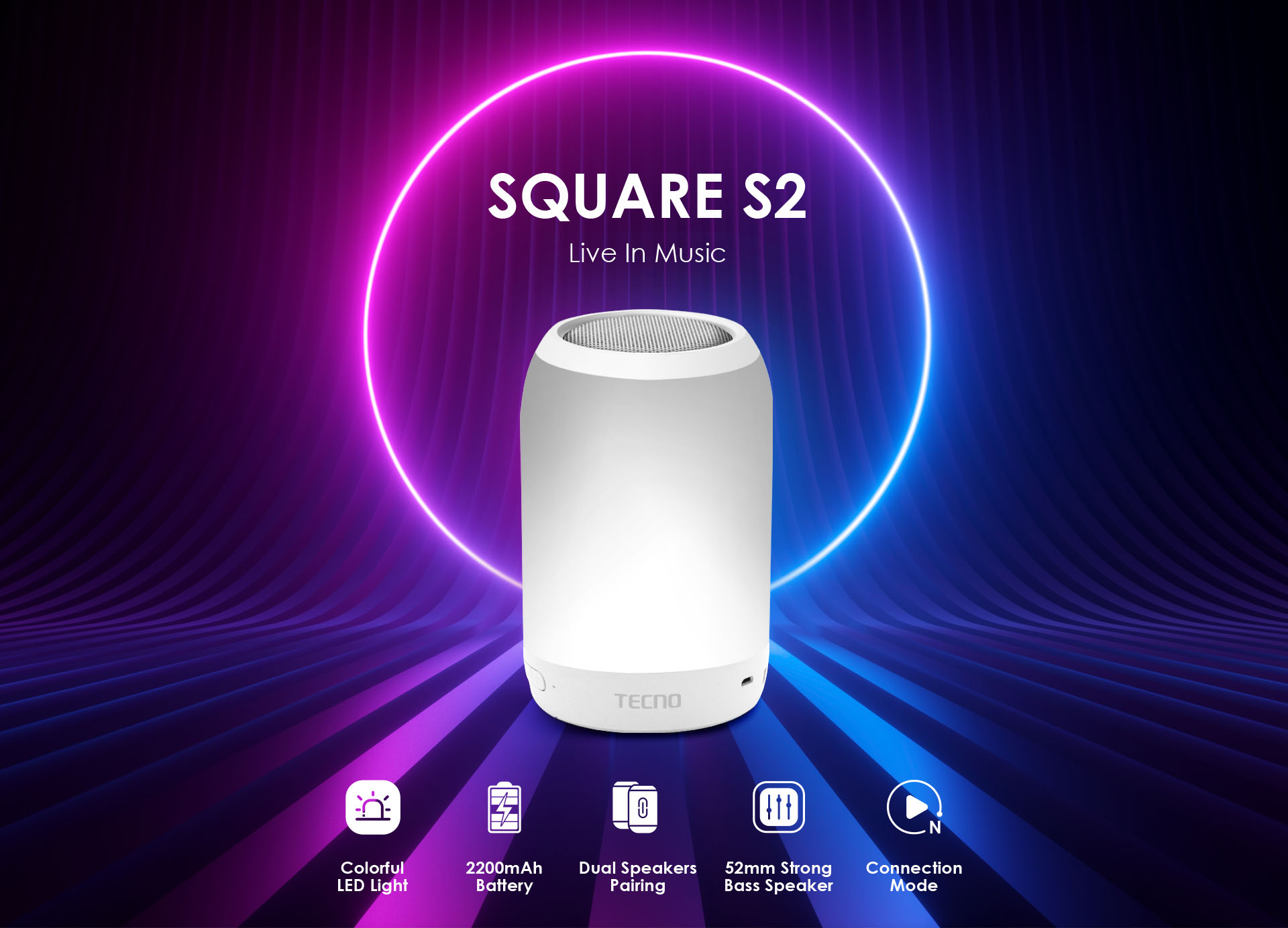 Loa Bluetooth TECNO SQUARE S2 | Loa Bass mạnh 52mm | Pin 2220 mAh | Đèn Led nhiều màu - Hàng Chính Hãng