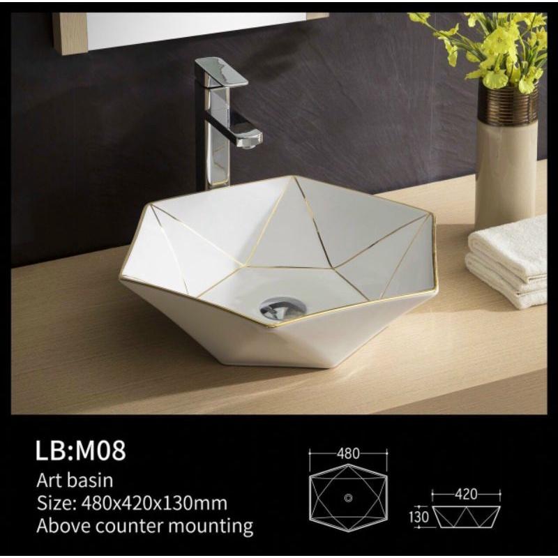 Lavabo sứ đặt bàn kim cương viền vàng