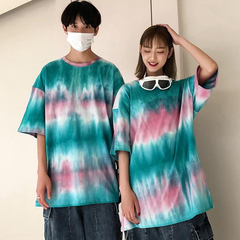 Women's Casual Round Neck Tie Dye Print Short Sleeve Loose Pullover Simple T-Shirt