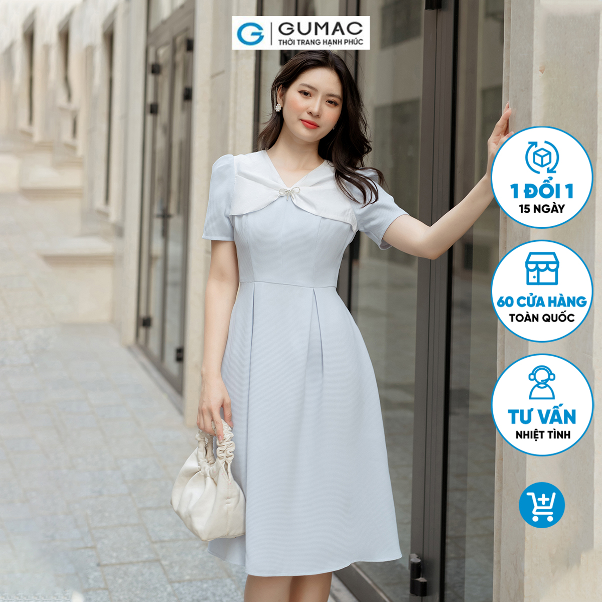 Đầm A cổ phối nơ GUMAC DD05043
