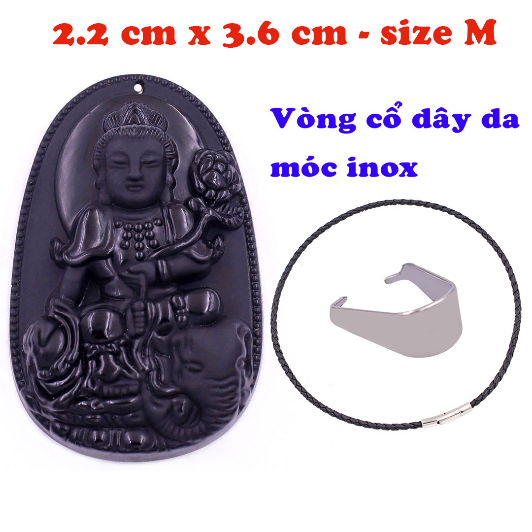 Mặt Phật Phổ hiền thạch anh đen 3.6 cm kèm vòng cổ dây da đen - mặt dây chuyền size M, Mặt Phật bản mệnh