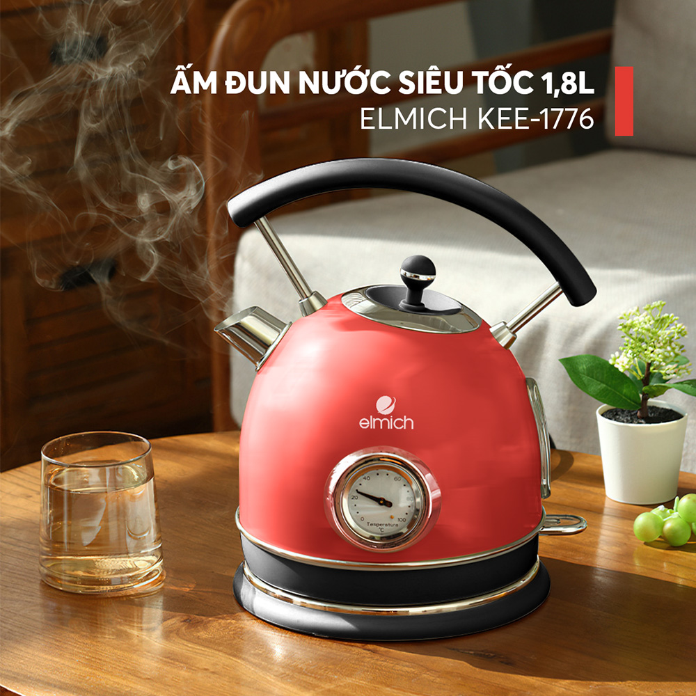 Ấm đun siêu tốc Elmich KEE-1776 (Mầu Đỏ, Dung Tích 1,8 Lít, Công Suất 2200W, Có đồng hồ báo nhiệt độ nước) - Hàng Chính Hãng