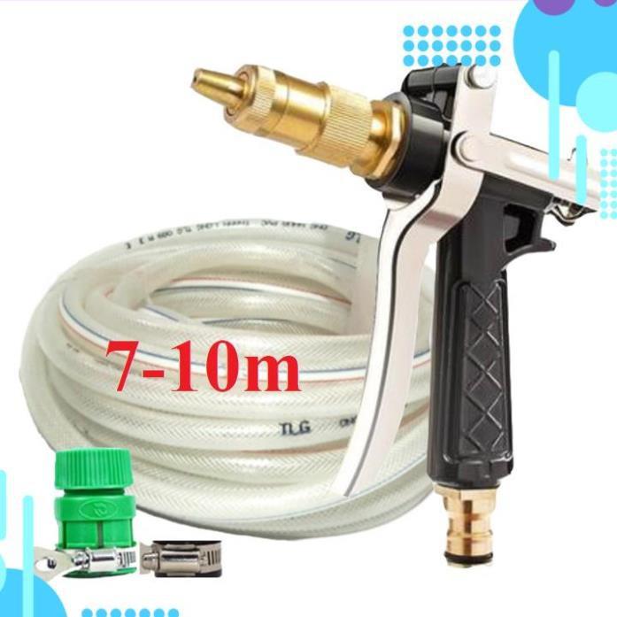 Bộ dây vòi xịt nước rửa xe, tưới cây .tăng áp 3 lần,loại 7m,10m 206236 đầu đồng,đai,nối nhựa v+tặng túi đựng bút