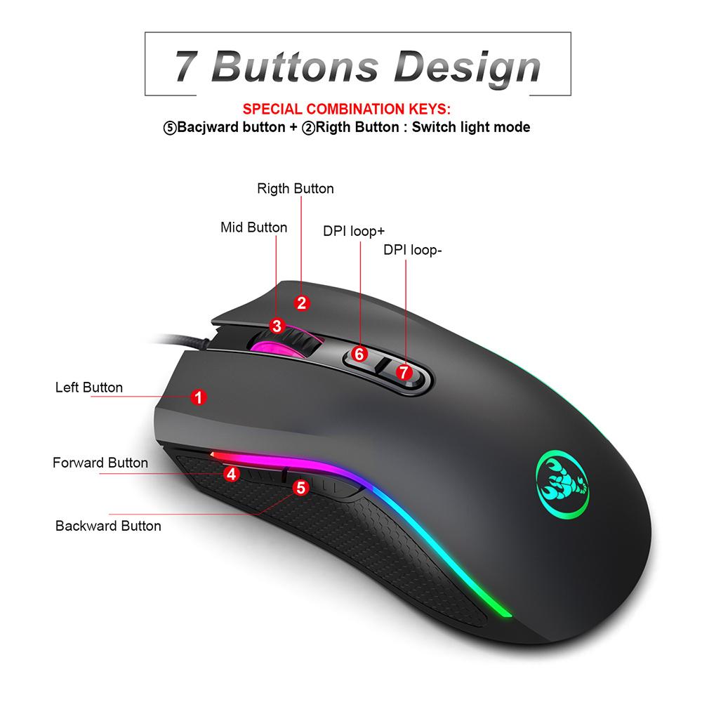 HXSJ Colorful Luminous Gaming Mouse Wired Mouse Six Adjustable DPI Macro Definition Programmable RGB Gaming Mouse A869