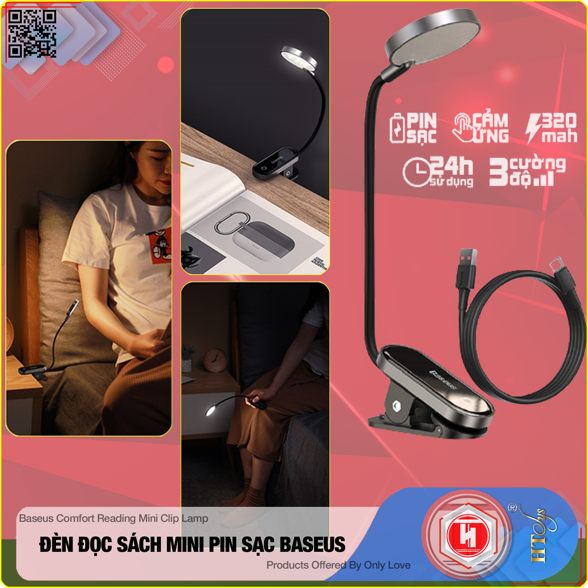Đèn đọc sách mini Baseus Comfort Reading Mini Clip Lamp - Pin sạc 350mAh - Chân đế kẹp - 03 Cường độ sáng - 24H sử dụng - Hàng Nhập Khẩu