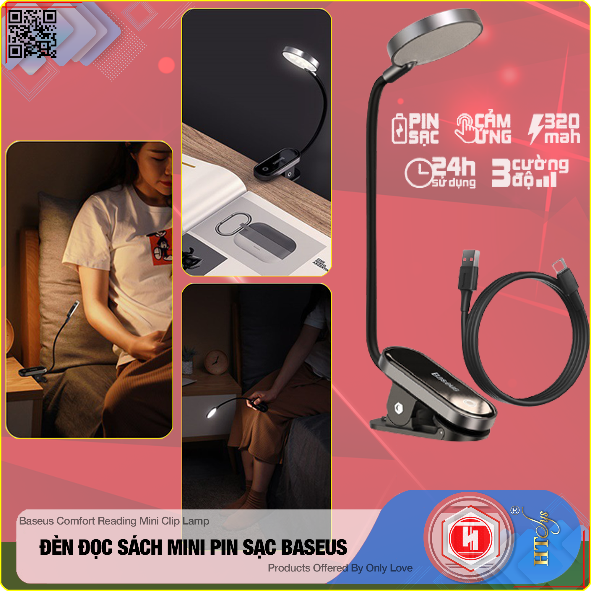 Đèn đọc sách mini Baseus Comfort Reading Mini Clip Lamp - Pin sạc 350mAh  - Chân đế kẹp - 03 Cường độ sáng - 24H sử dụng - Hàng Nhập Khẩu