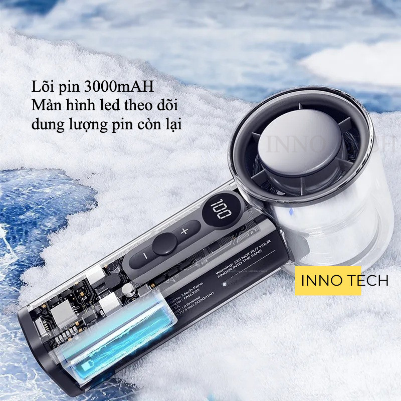 Quạt Sò Lạnh Gấp Gọn 3000Mah Fc08 Với 7 Cánh Quạt 100 Cấp Gió, Màn Hình Led Vỏ Trong Suốt
