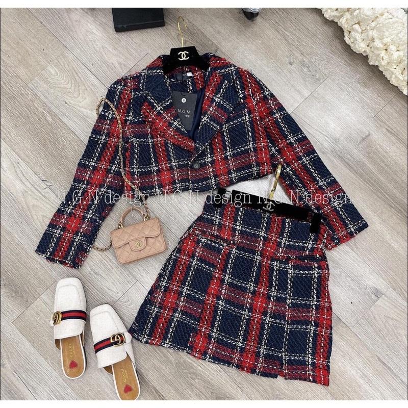 Set Dạ Kẻ Đỏ Áo Vest Mix Chân Váy Siêu Xinh Có Ảnh Thật Kèm Video