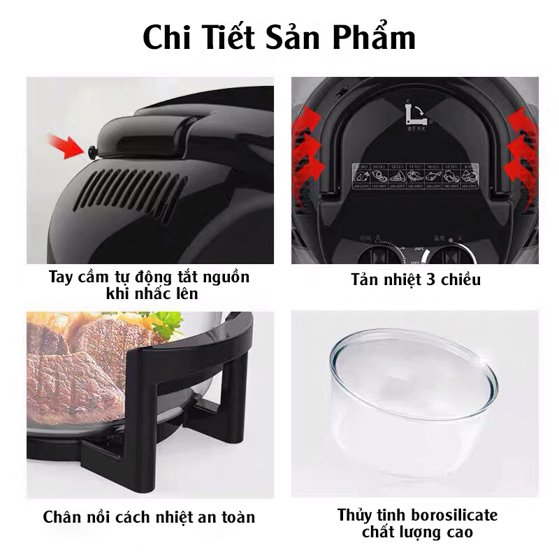 Nồi chiên không dầu Dung tích lớn 12L - Nồi Thủy Tinh, Điều khiển cơ công nghệ RAPID AIR nướng đối lưu