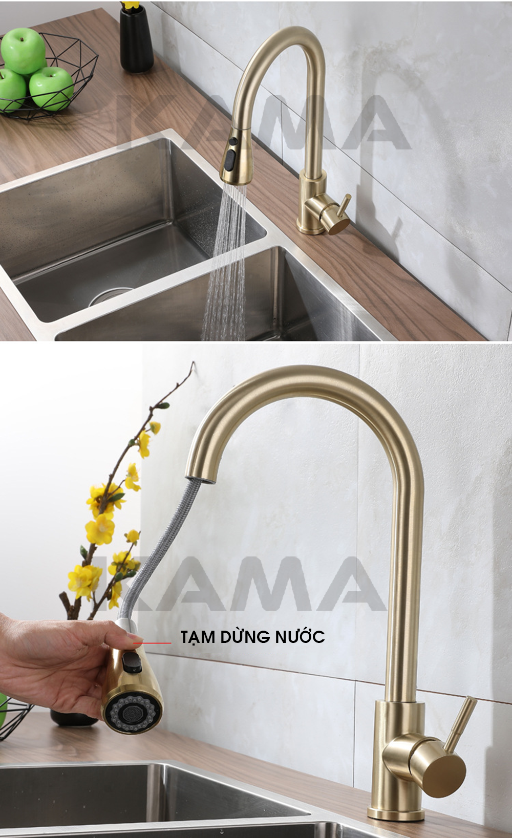 Vòi Rửa Chén Bát Dây Rút Nóng Lạnh KAMA RC17 Inox SUS304 - Vòi Rửa Nhà Bếp Mẫu Mới Đa Chức Năng, Màu Sắc Gold Vàng Sang Trọng.