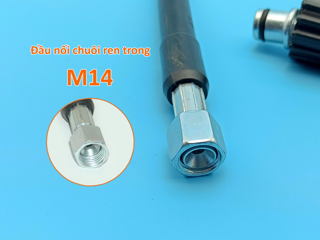 Dây rửa xe áp lực 16MPa 10m, lõi nhựa bọc dù, một đầu ren trong to M22, một đầu ren trong nhỏ M14