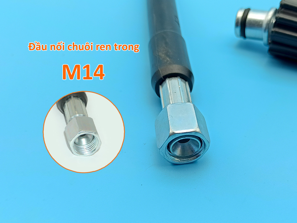 Dây rửa xe áp lực 16MPa 20m, lõi nhựa bọc dù, một đầu ren trong to M22, một đầu ren trong nhỏ M14