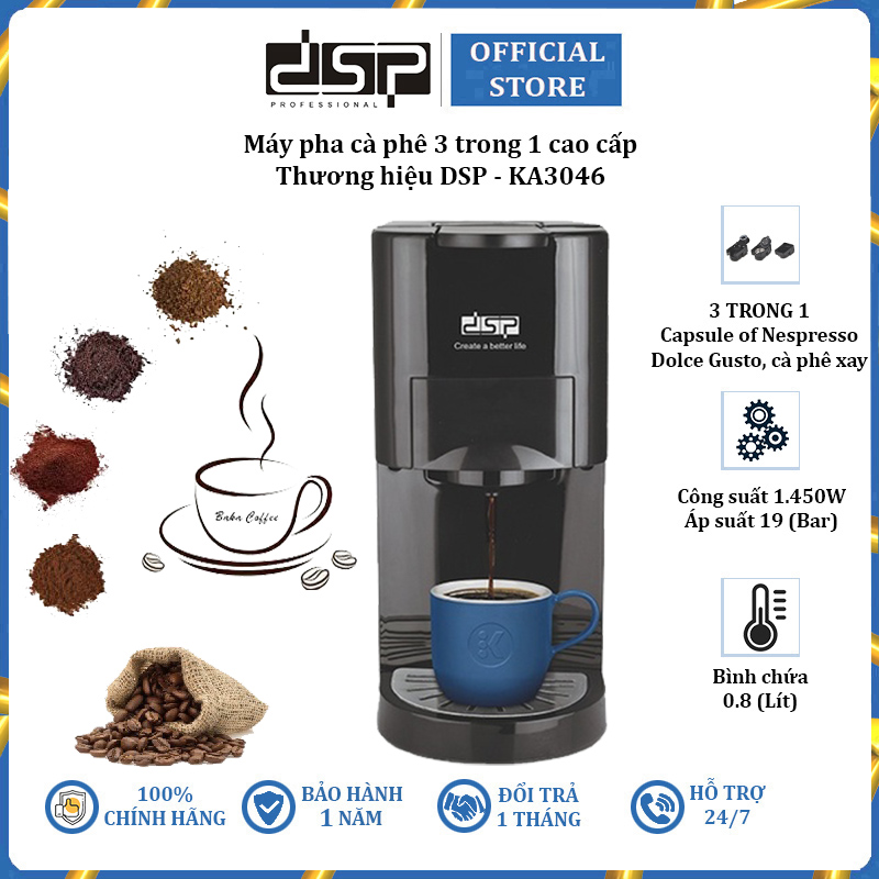 Máy pha cà phê 3 trong 1 thương hiệu cao cấp DSP KA3046 - Công suất: 1450W - Hàng Nhập Khẩu