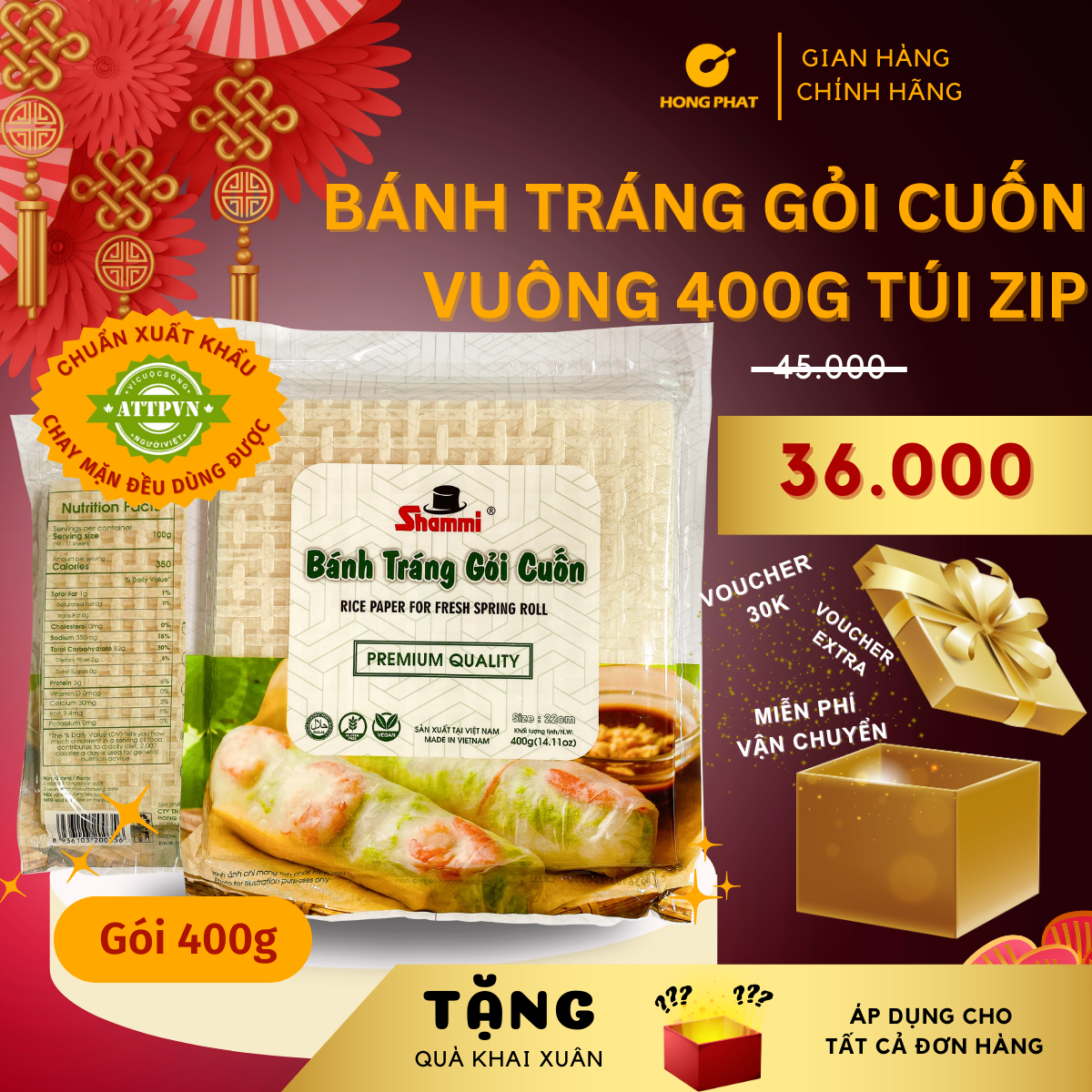 [LOẠI VUÔNG] Bánh tráng gỏi cuốn Shammi vuông size 22cm túi 400g (Bánh tráng xuất khẩu có túi zip)