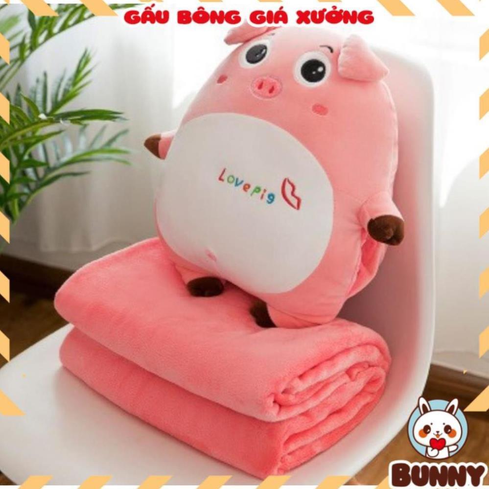 Chăn gối văn phòng heo hồng mở mắt, Gấu bông đẹp cho bé 3 trong 1 chất vải miniso siêu mềm mịn- 