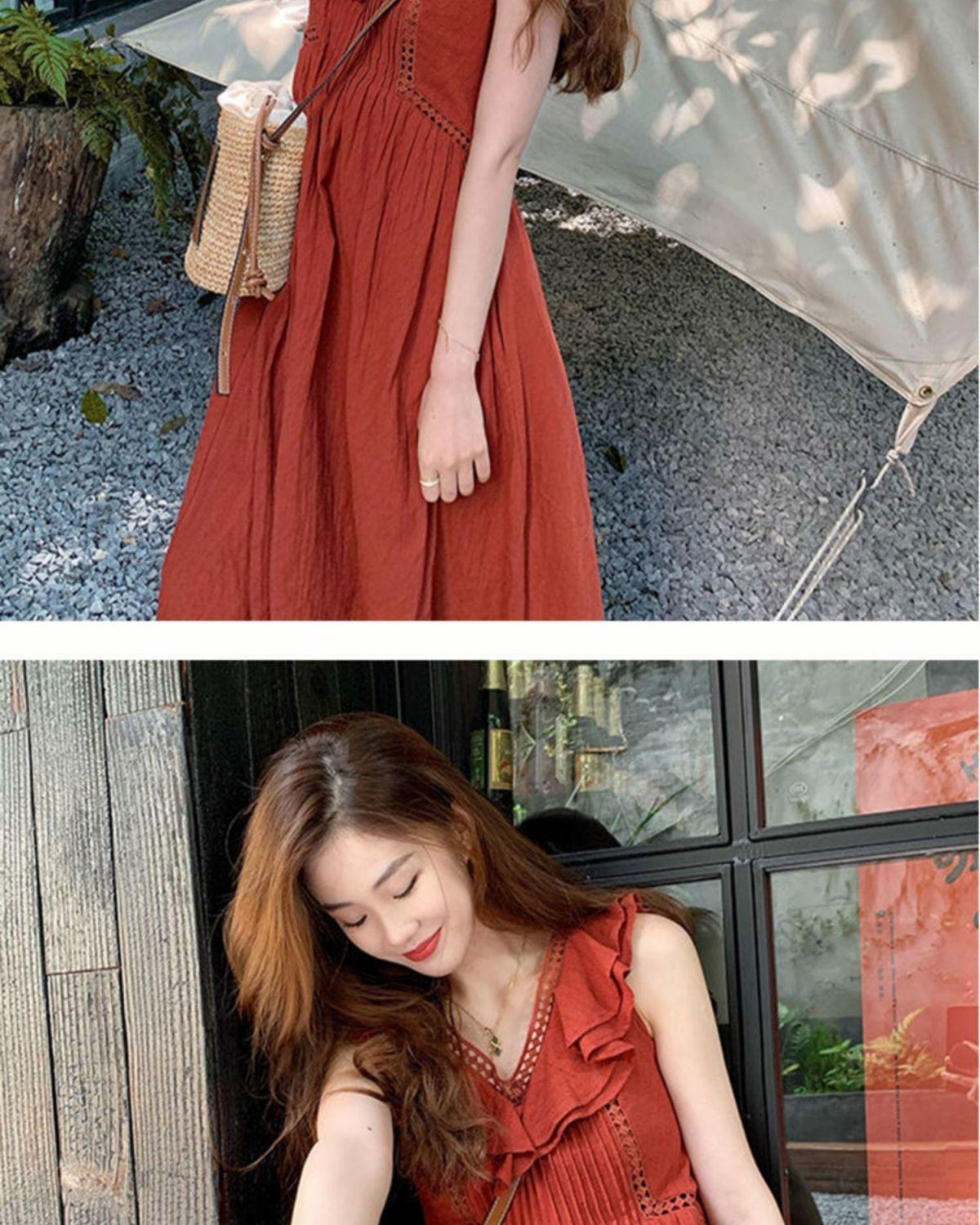 DONGSHOP Váy cổ chữ V viền lá sen Nữ 2022 Mùa hè cao eo không tay thiết kế rỗng cảm giác quần chúng khí chất treo váy dài