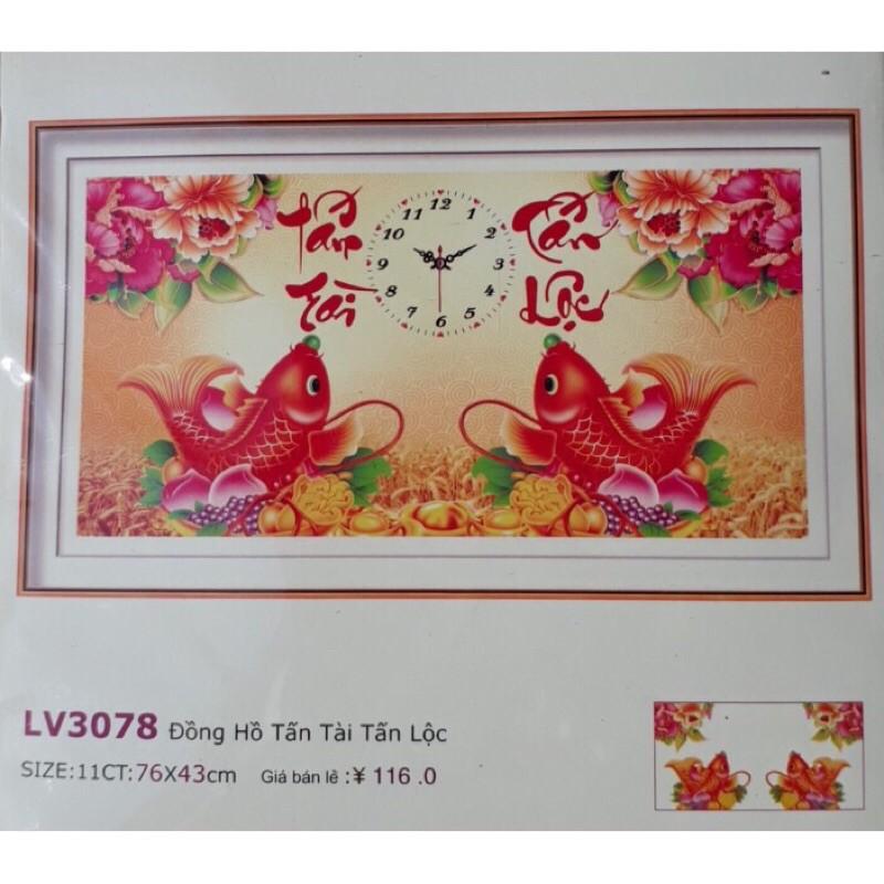 Tranh thêu chữ thập Đồng Hồ Tấn Tài Tấn Lộc LV3078 (76x43) chưa thêu