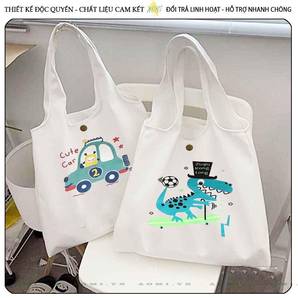 TOTE CANVAS hoat hình khủng long cute FORM TRÒN TÚI VẢI ĐEO VAI BAG NÚT BẤM SIZE LỚN AOMIVN DU LỊCH DẠO PHỐ CÁ TÍNH