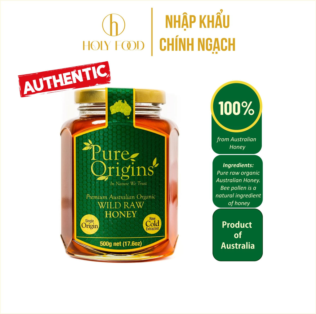 Mật ong Organic Wild Raw chính hãng Úc hiệu Pure Origins loại 500g
