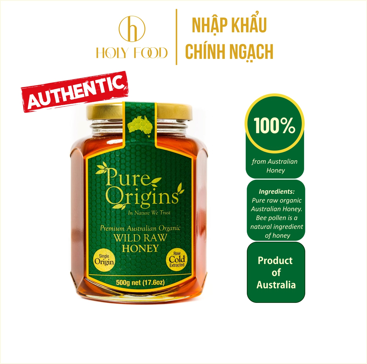 Mật ong Organic Wild Raw chính hãng Úc hiệu Pure Origins loại 500g