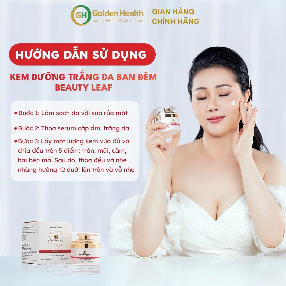 [GOLDEN HEALTH] Kem Dưỡng Trắng Da, Mờ Thâm, Nám, Tàn Nhang, Giúp Tái Tạo Da, Thúc Đẩy Quá Trình Tổng Hợp Collagen, Tăng Cường Phục Hồi Da Ban Đêm Beauty Leaf Whitening Complex 50ml