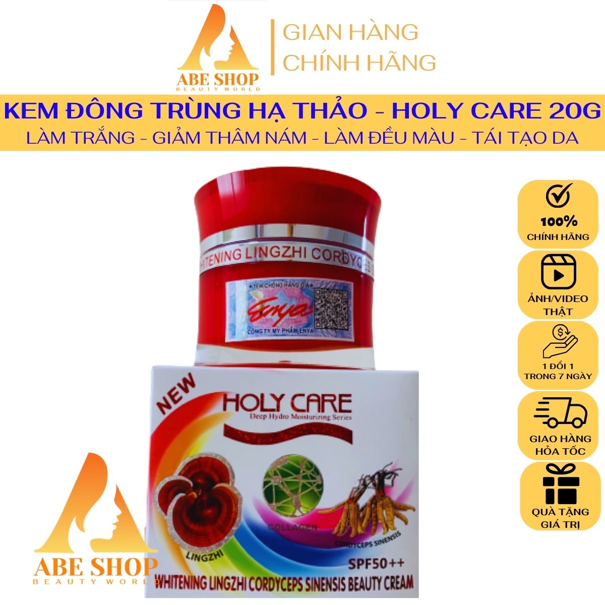 Kem Holy Care Đông Trùng - Linh Chi 9In1 20G Làm Trắng - Giảm Thâm Nám - Chống Lão Hóa - Mờ Nếp Nhăn